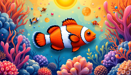 Colorful Clownfish Illustration Tropical Reef Scene