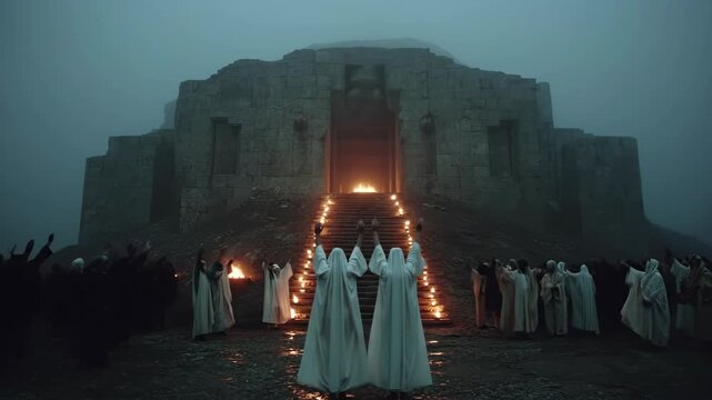 Ritualistic ceremony by two figures in white robes before an ancient stone temple under a misty sky, cult mysticism footage.