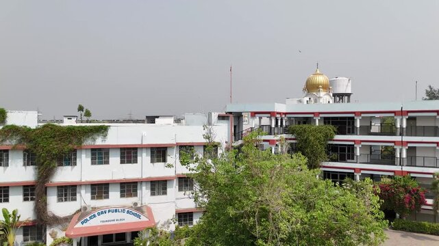Drone footage of school entrance and main administrative block &ndash; Police DAV Public School, Jalandhar, Punjab, India &ndash; Oct 15th, 2025