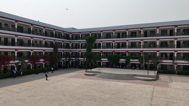 Drone footage of school courtyard and multi-storey building complex &ndash; Police DAV Public School, Jalandhar, Punjab, India &ndash; Oct 15th, 2025