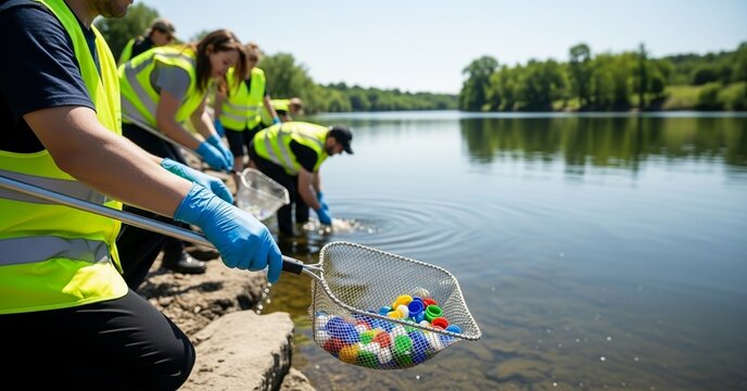 Volunteers in high-visibility vests and gloves cleaning plastic waste from a riverbank, focused on collecting bottle caps. Environmental protection and eco-friendly action.