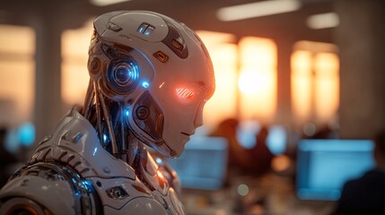Futuristic robot with glowing red eyes stands in a modern office space.