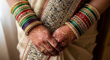 Hands Adorned with Intricate Henna and Colorful Bangles for a Celebration