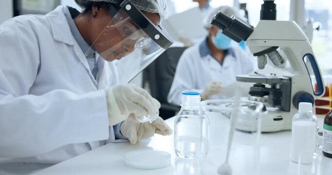 Scientist, woman and chemical analysis with petri dish for chemistry, testing and medical research. Biotech, laboratory and PPE with DNA inspection for pathology experiment, synthesis or microbiology