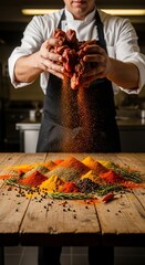 Chef Preparing Spices for Cooking on a Wooden Table.