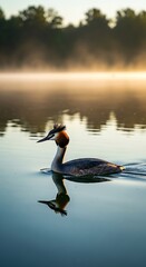 Great Crested Grebe Swimming in Misty Lake at Sunrise.