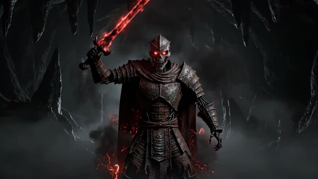Dark skeletal knight in heavy black armor stands in cave, glowing red eyes and flaming sword raised, epic fantasy villain or video game boss concept.