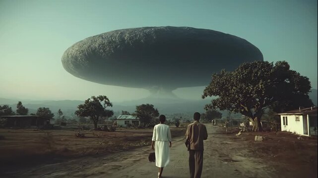 Woman and man walk towards a massive sci-fi object hovering over a rural village landscape, alien invasion concept footage.