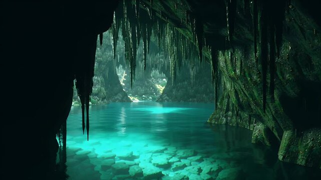 Serene turquoise underwater cave chamber with hanging stalactites and glassy reflections