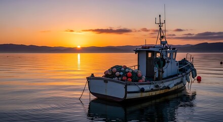 Fishing Boat at Sunset - A Serene Coastal Scene.