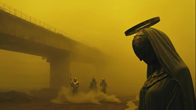 Futuristic warriors walk through a desert landscape under a bridge while a statue with a halo hovers, science fiction concept footage. - Powered by Adobe