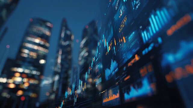 経済と金融市場のイメージ動画― ファイナンシャルデータと都市の景色 ―