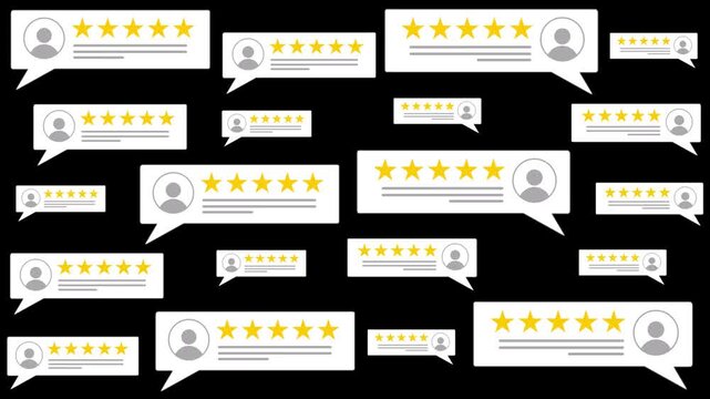 Customer satisfaction review animation with positive five star ratings and alpha channel.