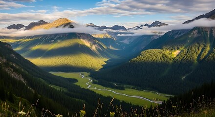 Majestic Mountain Valley - A Serene Landscape of Greenery and Peaks.