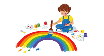 Joyful child painting a vibrant rainbow with colorful paints isolated on transparent background for creative projects