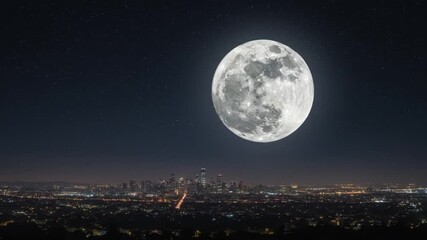 Majestic full moon illuminates a sprawling city skyline at night, stars twinkling in the vast cosmic expanse above. - Powered by Adobe