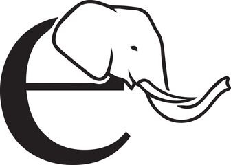 Minimalist E elephant silhouette logo – black-and-white design of elephant head and trunk forming letter “E” for branding, initials, and nature-themed identity.