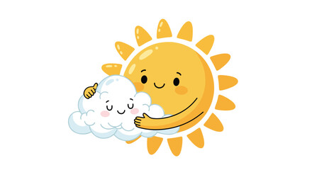 Adorable Cartoon Sun Hugging a Cloud With Happy Faces Isolated on Transparent Background