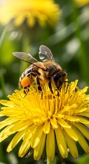 Honeybee collecting pollen on a bright yellow dandelion flower.