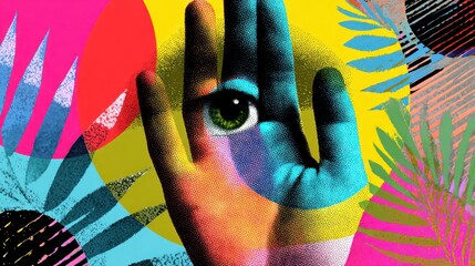 Vibrant, surreal composition featuring a hand with an eye at its center, over colorful abstract shapes