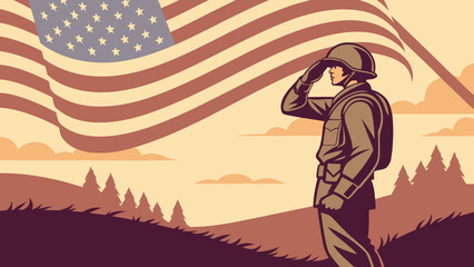 American flag soldier salute vector graphic for memorial day veterans day and patriotic holidays design
