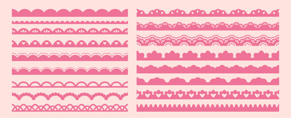 Lace ornament borders vector set. Elegant decorative trims and scalloped edges with floral embroidery and ribbon details for wedding cards, invitations, and vintage textile designs