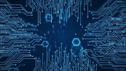 Glowing blue circuit lines and binary code create a digital, futuristic network with hexagonal data nodes - Powered by Adobe