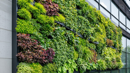 A lush, vibrant vertical garden cascades down the side of a modern building, a wall of green