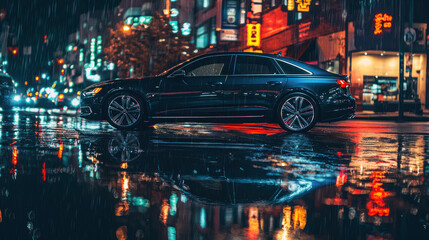 Sleek sedan glides through rainy city streets, reflections gleaming on wet pavement