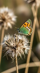 Butterfly Resting on Dandelion Seed Head in Natural Light.