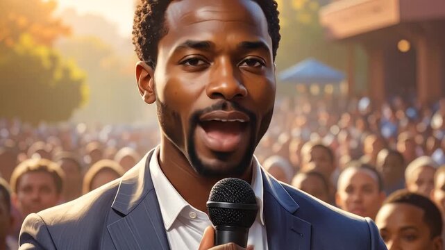 Public Speaking: A Man Addressing a Crowd and Holding a Microphone Outdoors