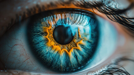 Macro shot of a vibrant blue eye with an intricate golden burst around the pupil