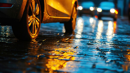 Wet road reflecting car headlights in a city at night; blurred vehicles in background