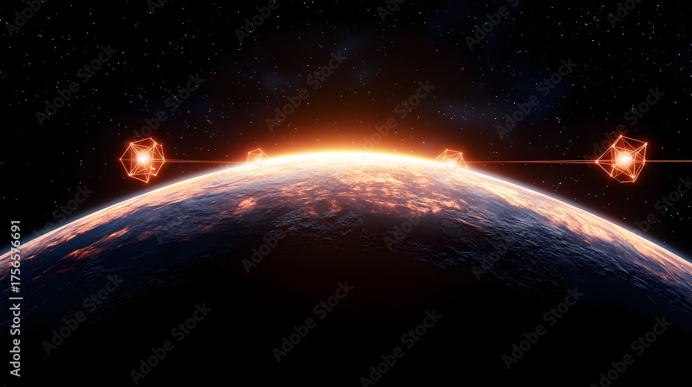 Sticker the image shows a view of a planet from space with a bright orange horizon, along with geometric sha