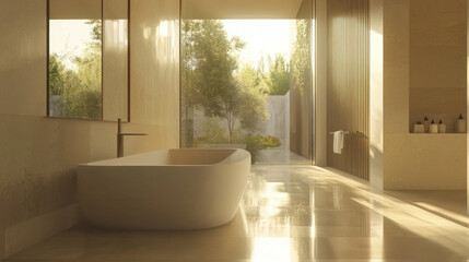 Luxurious bathroom bathed in warm sunlight, featuring a tub, large window, and serene garden view