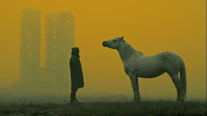 Man and horse stand in a desolate landscape with futuristic city ruins under an orange sky, sci-fi concept footage.
