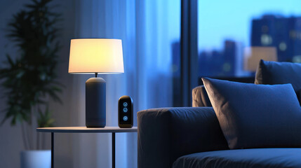 Interior scene with a lamp, control device on a side table, sofa, and city view