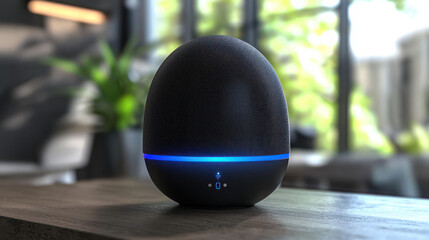An egg-shaped device with blue light sits on a wooden table with a blurred background