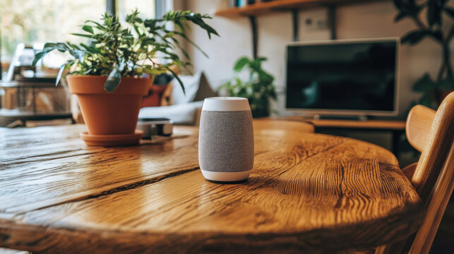 A smart speaker rests on a wooden table, with a potted plant, window, and tv in the background