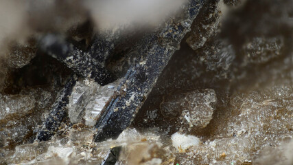 Minerals Aegirine, Analcime, Catapleiite. Mining site- Aikuaivenchor Mountain, Khibiny, Russia. High magnification microphotograph