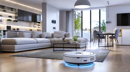 Robotic vacuum cleans modern, open-plan living space with natural light, soft hues, and furniture