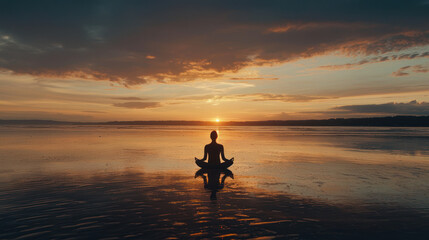 Silhouette of person meditating in lotus position at sunset over calm water reflecting the sky