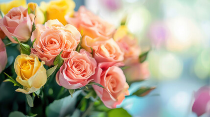 Lush bouquet of pastel roses in varying shades, soft lighting, bokeh background
