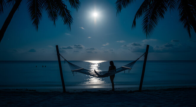 Silhouette Woman Relaxing on Hammock Under Moonlit Night on Beach with Palm Trees