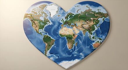 Realistic image of a world map inside a heart-shaped circle, showing detailed continents with soft lighting, natural earth tones, and a clean minimalist background.