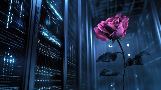The "humanity test" for an AI, a single, perfect, photorealistic rose made of pure data being presented to a black, monolithic server, the server's light flickering as it processes the concept, - Powered by Adobe