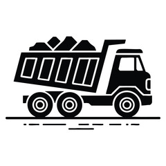 Black glyph dump truck vector icon heavy transport lorry silhouette isolated design representing mining industry vehicle and material transport artwork