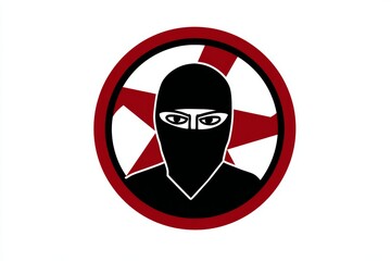 Ninja symbol with red star and black mask in circular emblem