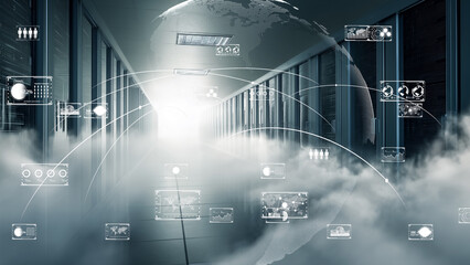 Fiber optic communication passing through virtual space, digital globe and server room