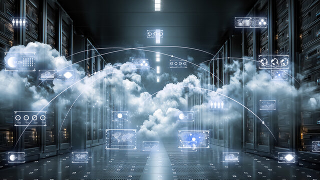 Fiber optic communication passing through virtual space, digital globe and server room